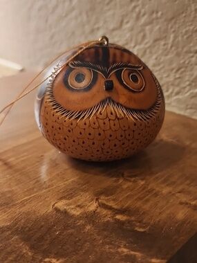 Hand Carved Peruvian Owl  Gourd Ornament